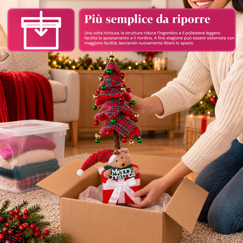 Dekorativer ausziehbarer Weihnachtsbaum, 95 cm und 90 cm, aus Polyester, mit Geschenkpaket-Basis und roten, grünen und goldenen Kugeln – 3 Farbvarianten