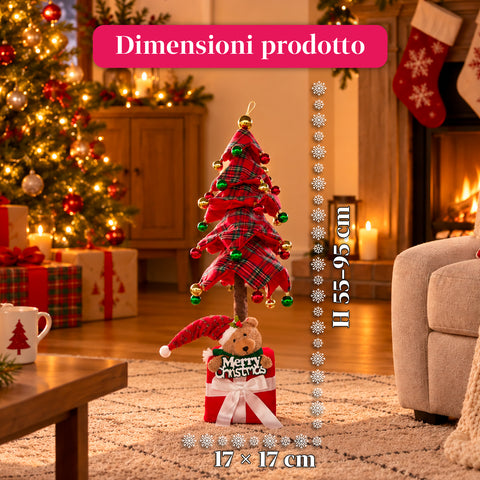 Dekorativer ausziehbarer Weihnachtsbaum, 95 cm und 90 cm, aus Polyester, mit Geschenkpaket-Basis und roten, grünen und goldenen Kugeln – 3 Farbvarianten