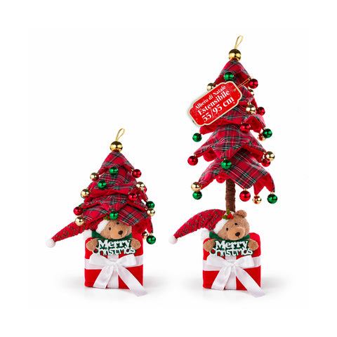 Dekorativer ausziehbarer Weihnachtsbaum, 95 cm und 90 cm, aus Polyester, mit Geschenkpaket-Basis und roten, grünen und goldenen Kugeln – 3 Farbvarianten