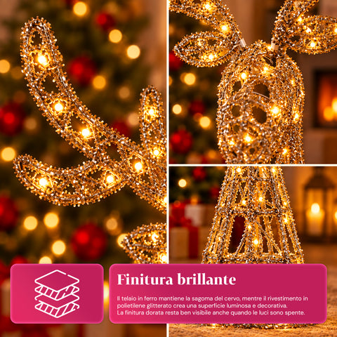 Leuchtender LED-Hirsch mit goldfarbenem Glitzer, Weihnachtsdekoration aus Eisen und Polyethylen, warmweißes USB-Licht, 3 Größen: 65, 85 und 110 cm