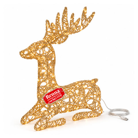 Leuchtender LED-Hirsch mit goldfarbenem Glitzer, Weihnachtsdekoration aus Eisen und Polyethylen, warmweißes USB-Licht, 3 Größen: 65, 85 und 110 cm