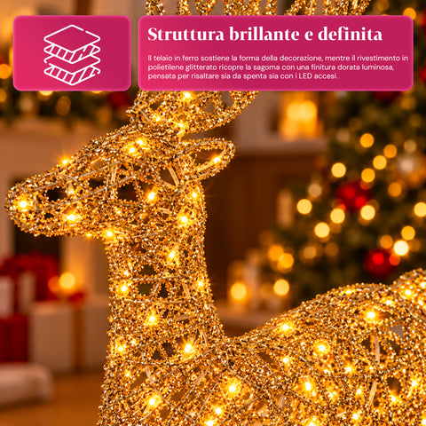Leuchtender LED-Hirsch mit goldfarbenem Glitzer, Weihnachtsdekoration aus Eisen und Polyethylen, warmweißes USB-Licht, 3 Größen: 65, 85 und 110 cm