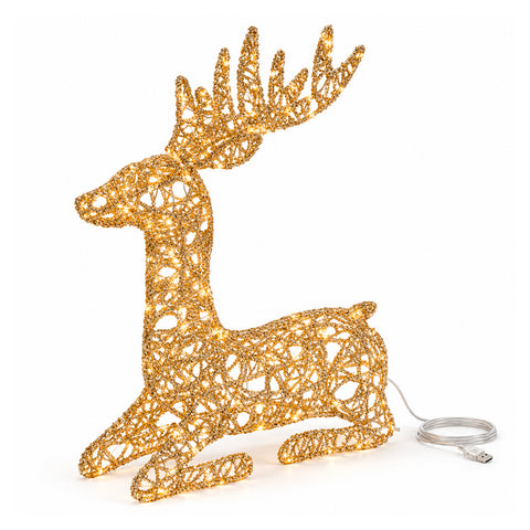 Leuchtender LED-Hirsch mit goldfarbenem Glitzer, Weihnachtsdekoration aus Eisen und Polyethylen, warmweißes USB-Licht, 3 Größen: 65, 85 und 110 cm