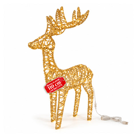 Leuchtender LED-Hirsch mit goldfarbenem Glitzer, Weihnachtsdekoration aus Eisen und Polyethylen, warmweißes USB-Licht, 3 Größen: 65, 85 und 110 cm