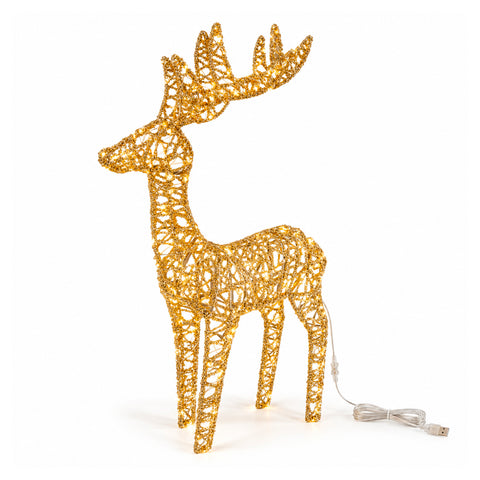 Leuchtender LED-Hirsch mit goldfarbenem Glitzer, Weihnachtsdekoration aus Eisen und Polyethylen, warmweißes USB-Licht, 3 Größen: 65, 85 und 110 cm