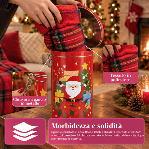 Weihnachtliche Dose 30x16 cm mit Coral-Fleece-Decke 145x110 cm, weiche karierte Tartan-Decke – Blind Box