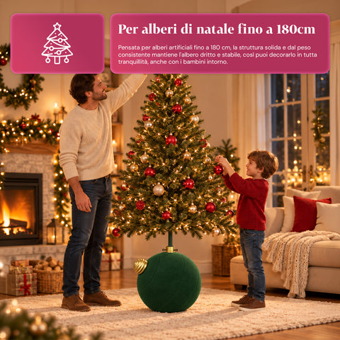 Weihnachtsbaumständer in Form einer großen Kugel mit Samteffekt, 41x41x44 cm, für Bäume bis 180 cm – Baumständer-Abdeckung mit Ø-4-cm-Halterung, Bordeauxrot und Grün