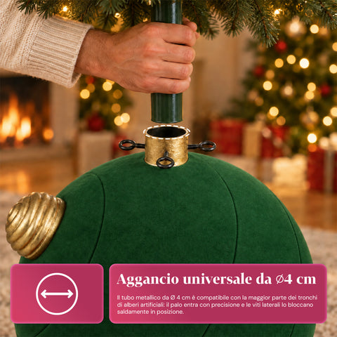 Weihnachtsbaumständer in Form einer großen Kugel mit Samteffekt, 41x41x44 cm, für Bäume bis 180 cm – Baumständer-Abdeckung mit Ø-4-cm-Halterung, Bordeauxrot und Grün
