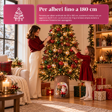 Basis für Weihnachtsbaumstamm mit animierten LEDs und 3D-Figuren für Bäume bis 180 cm – Eisen- und Magnesium-Baumständer mit Ø-4-cm-Halterung