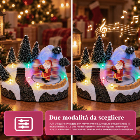 Beleuchtetes Weihnachtsdorf mit drehendem Element, LED-Lichtern und Musik – 3 Varianten: Baum, Weihnachtsmann, Kinder – 17x14x15 cm