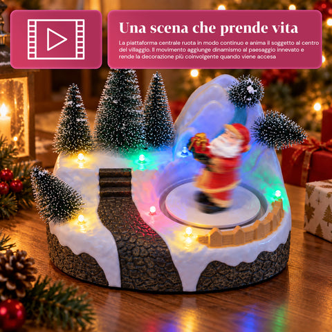 Beleuchtetes Weihnachtsdorf mit drehendem Element, LED-Lichtern und Musik – 3 Varianten: Baum, Weihnachtsmann, Kinder – 17x14x15 cm