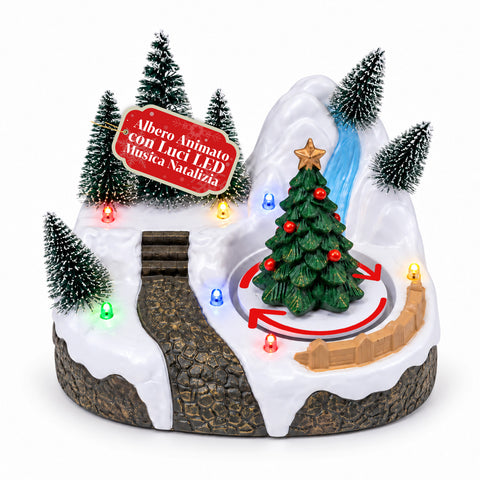 Beleuchtetes Weihnachtsdorf mit drehendem Element, LED-Lichtern und Musik – 3 Varianten: Baum, Weihnachtsmann, Kinder – 17x14x15 cm