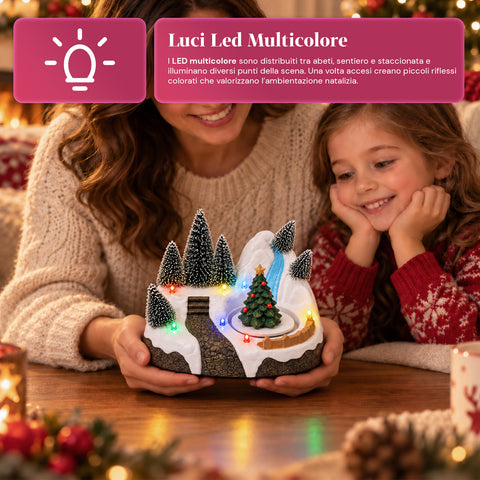 Beleuchtetes Weihnachtsdorf mit drehendem Element, LED-Lichtern und Musik – 3 Varianten: Baum, Weihnachtsmann, Kinder – 17x14x15 cm