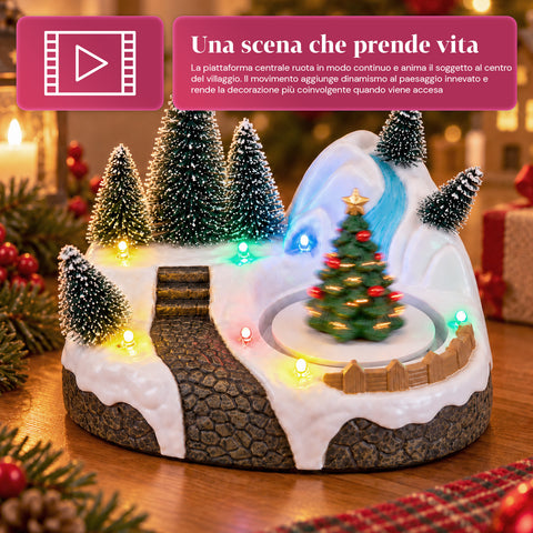 Beleuchtetes Weihnachtsdorf mit drehendem Element, LED-Lichtern und Musik – 3 Varianten: Baum, Weihnachtsmann, Kinder – 17x14x15 cm