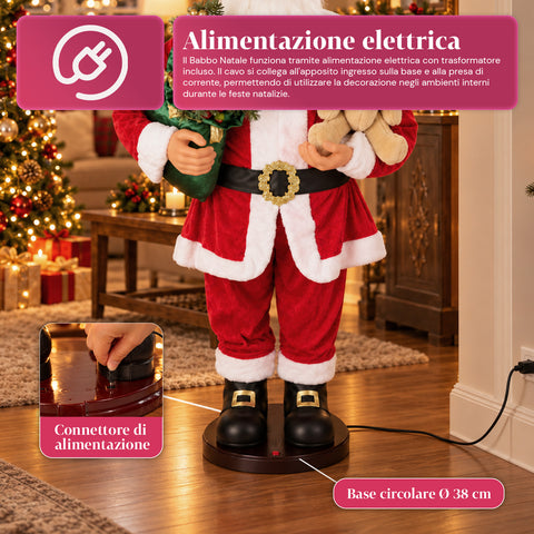 Tanzender Weihnachtsmann 150 cm mit Musik, Gesang und Bewegung - Weihnachtsdekoration für den Innenbereich mit Knopf, Sockel 38 cm, Rot