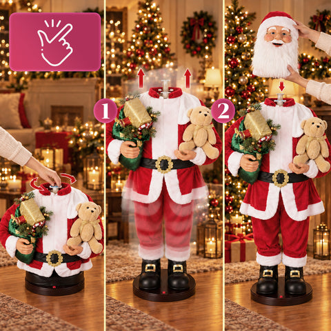 Tanzender Weihnachtsmann 150 cm mit Musik, Gesang und Bewegung - Weihnachtsdekoration für den Innenbereich mit Knopf, Sockel 38 cm, Rot