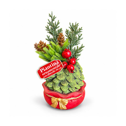 Ornamentaler Miniaturbaum 20 cm, weihnachtliche Tischdekoration mit Tannenzapfen, roten Beeren und erhabenem Schleifenmotiv, 2 Varianten in Rot und Gold