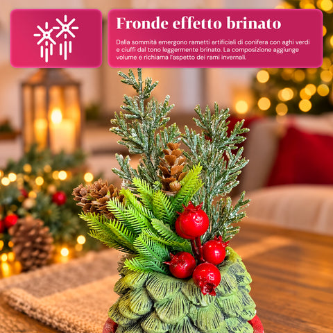 Ornamentaler Miniaturbaum 20 cm, weihnachtliche Tischdekoration mit Tannenzapfen, roten Beeren und erhabenem Schleifenmotiv, 2 Varianten in Rot und Gold