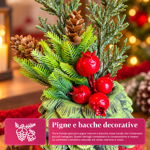 Ornamentaler Miniaturbaum 20 cm, weihnachtliche Tischdekoration mit Tannenzapfen, roten Beeren und erhabenem Schleifenmotiv, 2 Varianten in Rot und Gold