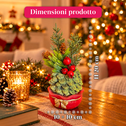 Ornamentaler Miniaturbaum 20 cm, weihnachtliche Tischdekoration mit Tannenzapfen, roten Beeren und erhabenem Schleifenmotiv, 2 Varianten in Rot und Gold