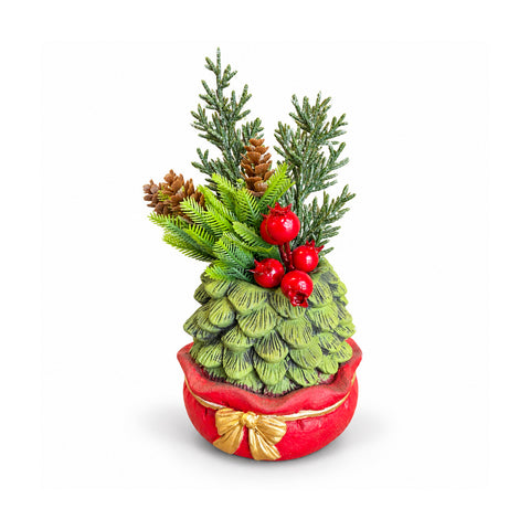 Ornamentaler Miniaturbaum 20 cm, weihnachtliche Tischdekoration mit Tannenzapfen, roten Beeren und erhabenem Schleifenmotiv, 2 Varianten in Rot und Gold