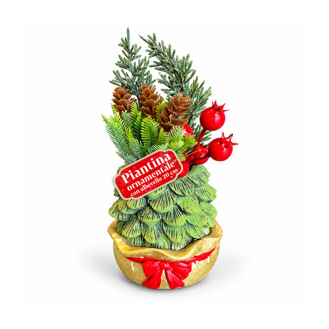 Ornamentaler Miniaturbaum 20 cm, weihnachtliche Tischdekoration mit Tannenzapfen, roten Beeren und erhabenem Schleifenmotiv, 2 Varianten in Rot und Gold