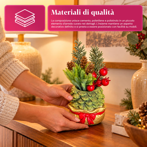 Ornamentaler Miniaturbaum 20 cm, weihnachtliche Tischdekoration mit Tannenzapfen, roten Beeren und erhabenem Schleifenmotiv, 2 Varianten in Rot und Gold