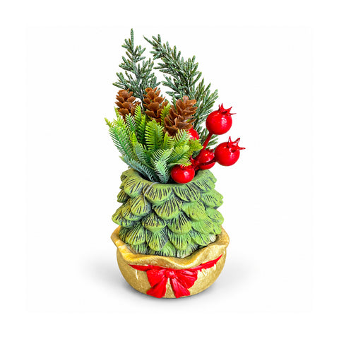 Ornamentaler Miniaturbaum 20 cm, weihnachtliche Tischdekoration mit Tannenzapfen, roten Beeren und erhabenem Schleifenmotiv, 2 Varianten in Rot und Gold
