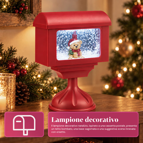 Dekorative Weihnachtslaterne als Briefkasten mit Schneeeffekt, LED-Lichtern und Musik, 2 Varianten: Weihnachtsmann oder Teddybär, Höhe 41 cm, batteriebetrieben