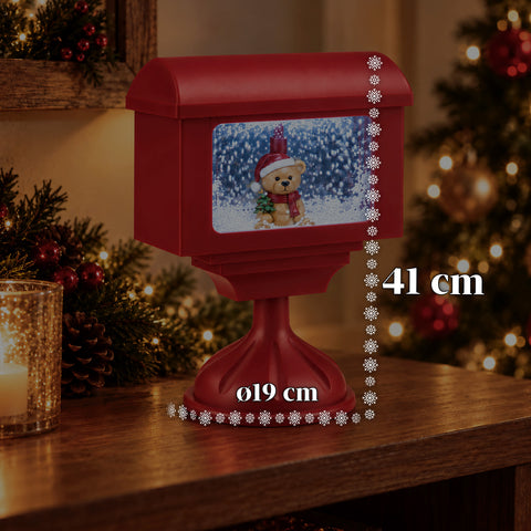 Dekorative Weihnachtslaterne als Briefkasten mit Schneeeffekt, LED-Lichtern und Musik, 2 Varianten: Weihnachtsmann oder Teddybär, Höhe 41 cm, batteriebetrieben