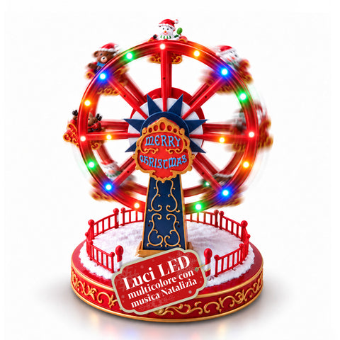 Weihnachts-Riesenrad mit LED-Lichtern, Musik und Drehbewegung, 2 Farben, animierte Weihnachtsdekoration, Höhe 26 cm, Standfuß 22 cm, Kunststoff