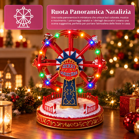 Weihnachts-Riesenrad mit LED-Lichtern, Musik und Drehbewegung, 2 Farben, animierte Weihnachtsdekoration, Höhe 26 cm, Standfuß 22 cm, Kunststoff