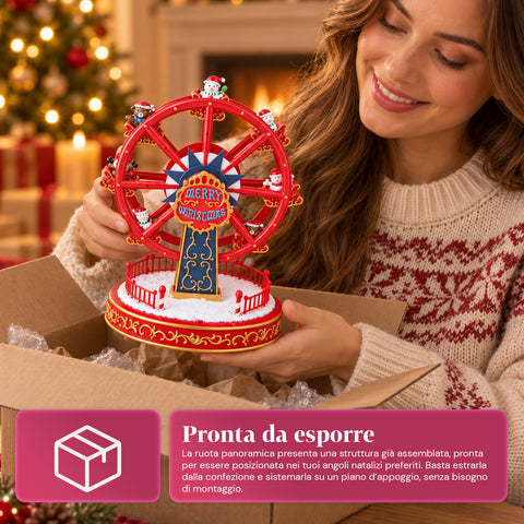 Weihnachts-Riesenrad mit LED-Lichtern, Musik und Drehbewegung, 2 Farben, animierte Weihnachtsdekoration, Höhe 26 cm, Standfuß 22 cm, Kunststoff