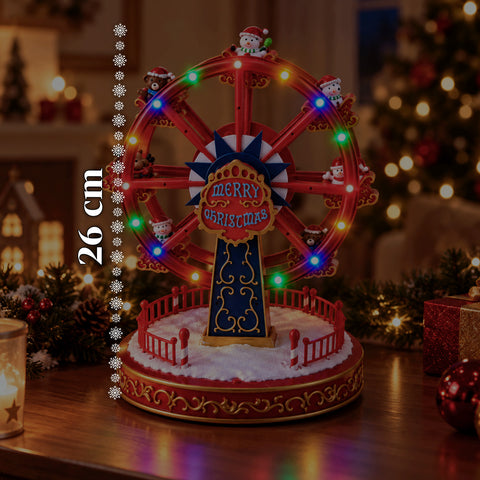 Weihnachts-Riesenrad mit LED-Lichtern, Musik und Drehbewegung, 2 Farben, animierte Weihnachtsdekoration, Höhe 26 cm, Standfuß 22 cm, Kunststoff