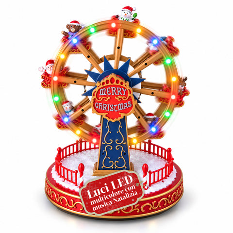 Weihnachts-Riesenrad mit LED-Lichtern, Musik und Drehbewegung, 2 Farben, animierte Weihnachtsdekoration, Höhe 26 cm, Standfuß 22 cm, Kunststoff
