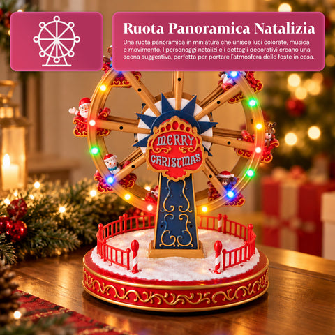 Weihnachts-Riesenrad mit LED-Lichtern, Musik und Drehbewegung, 2 Farben, animierte Weihnachtsdekoration, Höhe 26 cm, Standfuß 22 cm, Kunststoff