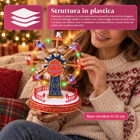 Weihnachts-Riesenrad mit LED-Lichtern, Musik und Drehbewegung, 2 Farben, animierte Weihnachtsdekoration, Höhe 26 cm, Standfuß 22 cm, Kunststoff