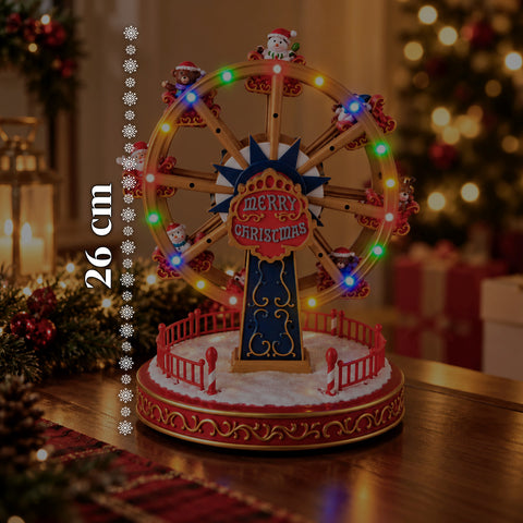 Weihnachts-Riesenrad mit LED-Lichtern, Musik und Drehbewegung, 2 Farben, animierte Weihnachtsdekoration, Höhe 26 cm, Standfuß 22 cm, Kunststoff