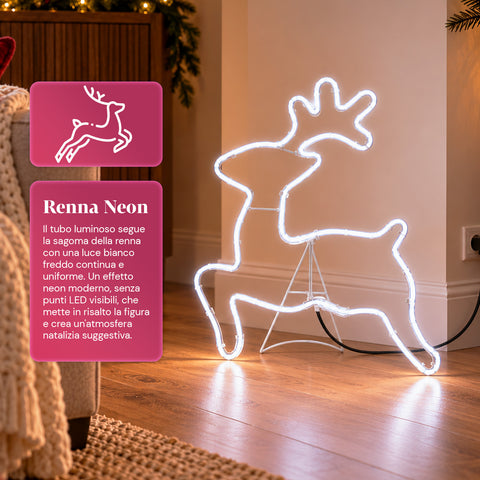 Leuchtendes LED-Neon-Rentier 65x58 cm in Kaltweiß, für Innen- und Außenbereich