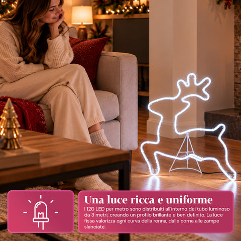 Leuchtendes LED-Neon-Rentier 65x58 cm in Kaltweiß, für Innen- und Außenbereich