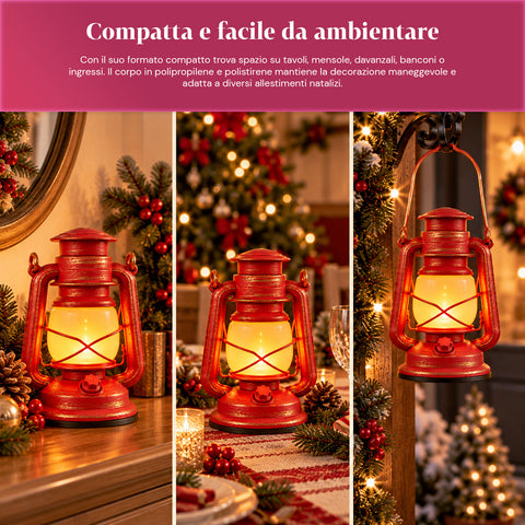 Rote LED-Weihnachtslaterne mit Flammeneffekt und Weihnachtsmusik, Haken zum Aufhängen und goldfarbenen Verzierungen, Dekoration 15x11x25 cm