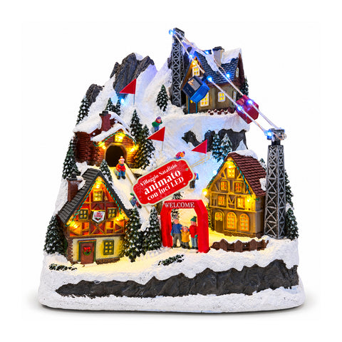 Beleuchtetes Weihnachtsdorf mit beweglicher Rutsche, Seilbahn, LED-Lichtern und Weihnachtsmusik – 28x19x32 cm