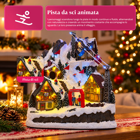 Beleuchtetes Weihnachtsdorf mit beweglicher Rutsche, Seilbahn, LED-Lichtern und Weihnachtsmusik – 28x19x32 cm
