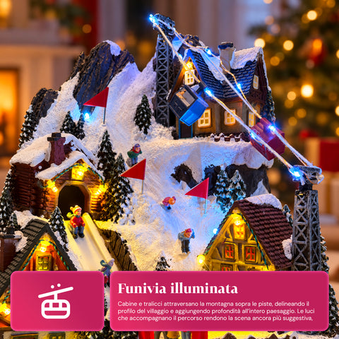 Beleuchtetes Weihnachtsdorf mit beweglicher Rutsche, Seilbahn, LED-Lichtern und Weihnachtsmusik – 28x19x32 cm