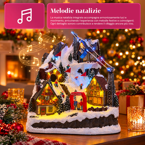 Beleuchtetes Weihnachtsdorf mit beweglicher Rutsche, Seilbahn, LED-Lichtern und Weihnachtsmusik – 28x19x32 cm