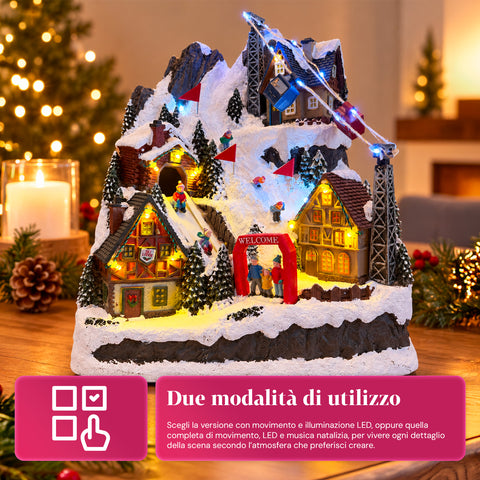Beleuchtetes Weihnachtsdorf mit beweglicher Rutsche, Seilbahn, LED-Lichtern und Weihnachtsmusik – 28x19x32 cm