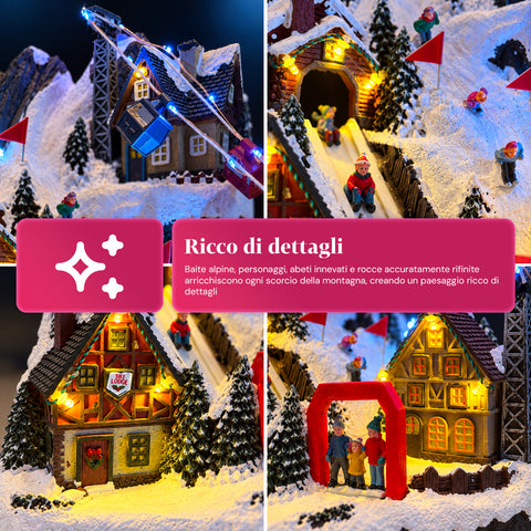 Beleuchtetes Weihnachtsdorf mit beweglicher Rutsche, Seilbahn, LED-Lichtern und Weihnachtsmusik – 28x19x32 cm