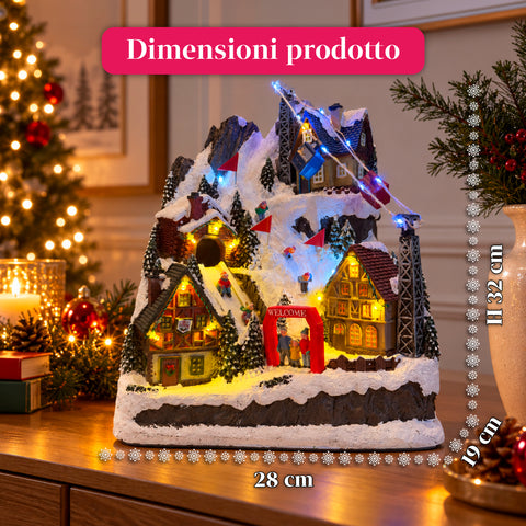 Beleuchtetes Weihnachtsdorf mit beweglicher Rutsche, Seilbahn, LED-Lichtern und Weihnachtsmusik – 28x19x32 cm