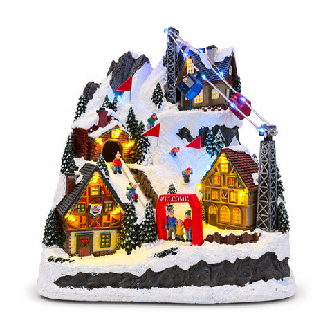 Beleuchtetes Weihnachtsdorf mit beweglicher Rutsche, Seilbahn, LED-Lichtern und Weihnachtsmusik – 28x19x32 cm