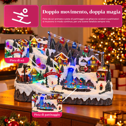 Beleuchtetes Weihnachtsdorf mit beweglichen Ski- und Schlittschuhbahnen, LED-Lichtern und Musik – 56x37x42 cm